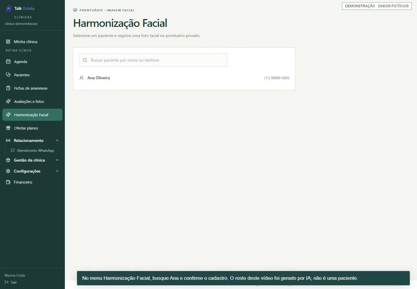 Menu Harmonização Facial do Talk Órbita em ambiente demonstrativo