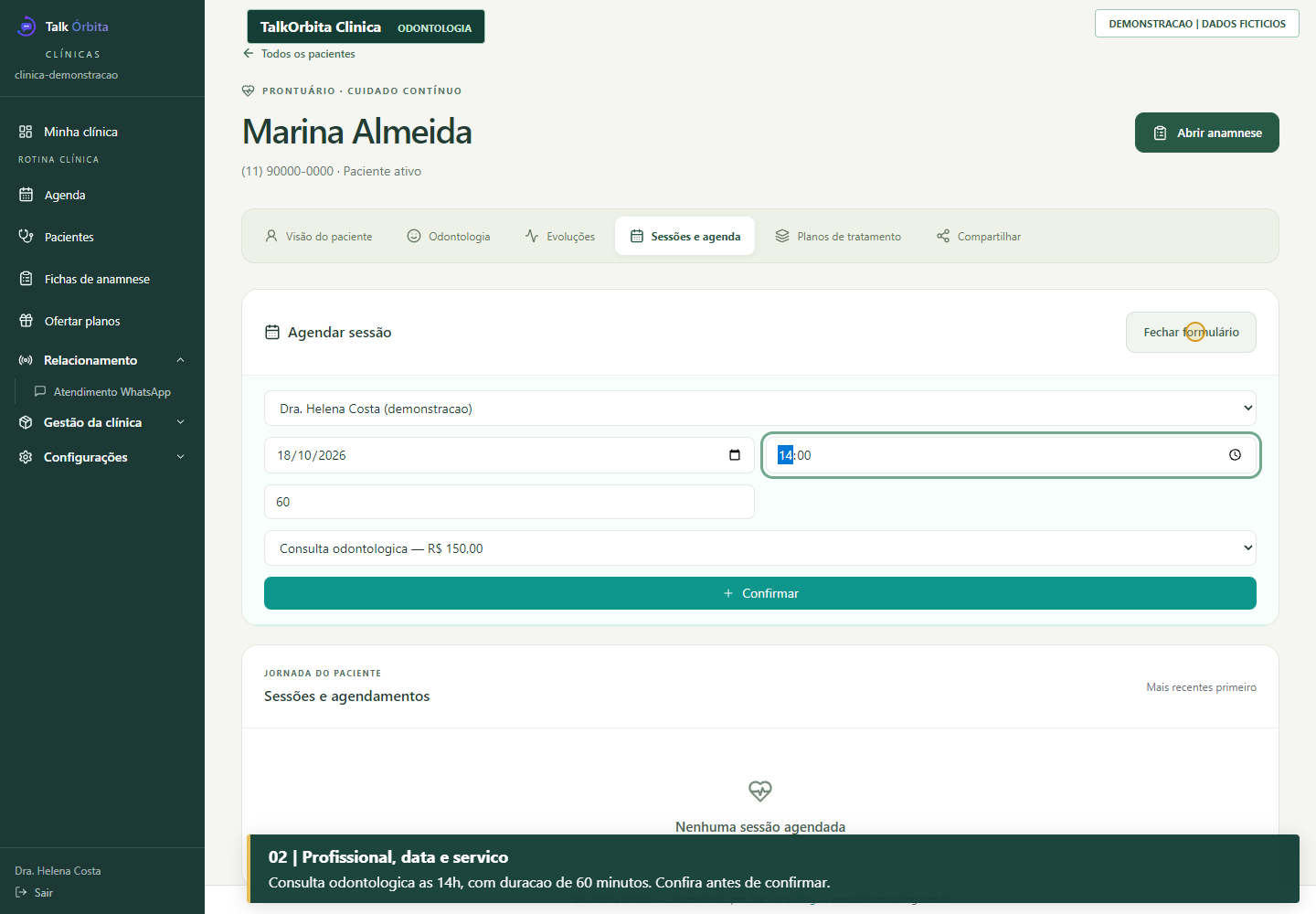 Tela do prontuário do Talk Órbita com formulário para agendar sessão