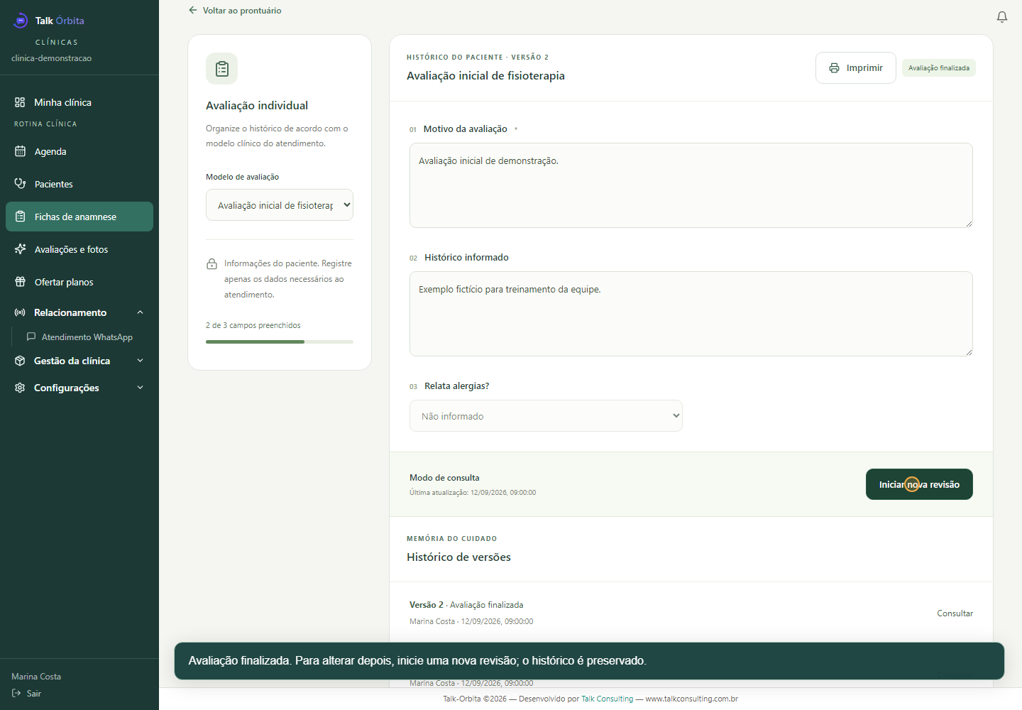 Ficha de avaliação do Talk Órbita com dados clínicos fictícios